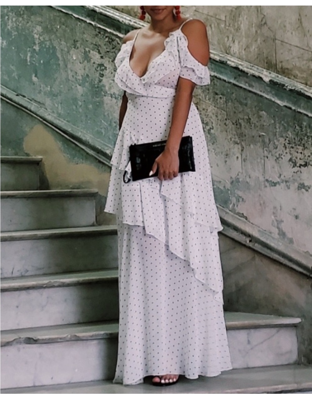Forever 21 White Polka Dot Cold-Shoulder Ruffle Maxi Dress